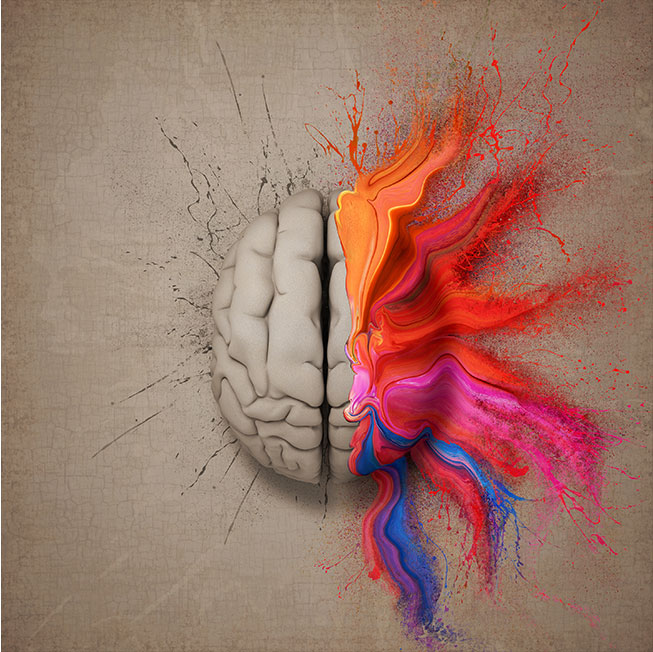 illustration of a human brain with the right lobe covered in bright paint | ODEA | Chicago digital branding and marketing